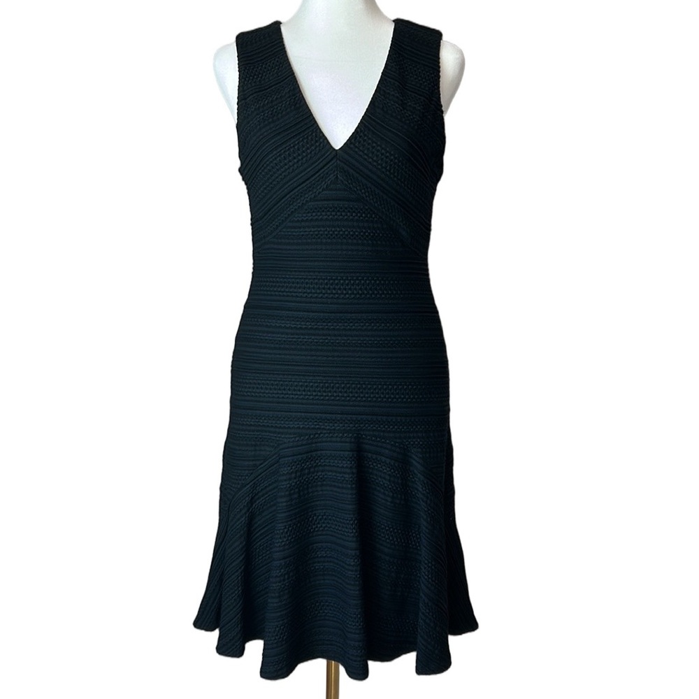 Rebecca Taylor Black V-Neck Texture Knit Fit & Flare Stretch Dress Size 4
